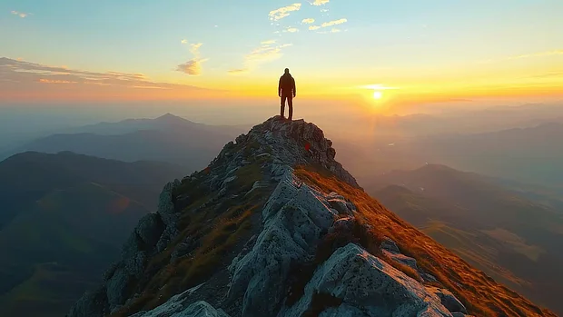 Person steht auf einem Berggipfel bei Sonnenaufgang – Symbol für Weitblick, Markenvision und den nachhaltigen Weg mit der Werbeagentur PRO2 Print Media.