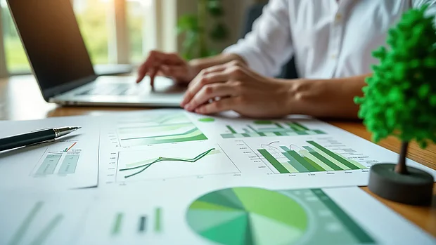 Person arbeitet am Laptop an grünen Diagrammen und Reports als Symbol für nachhaltige Markenprojekte, Green Branding und messbare Wirkung der Kommunikation durch die Werbeagentur PRO2 Print Media in Oberösterreich.