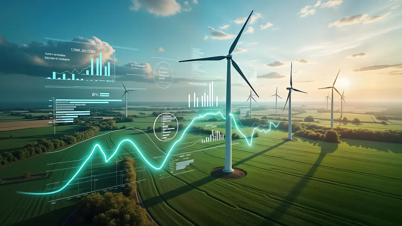 Windräder in einer grünen Landschaft bei Sonnenuntergang, darüber eingeblendete Daten- und Diagramm-Overlays zu Energieproduktion und Kennzahlen.