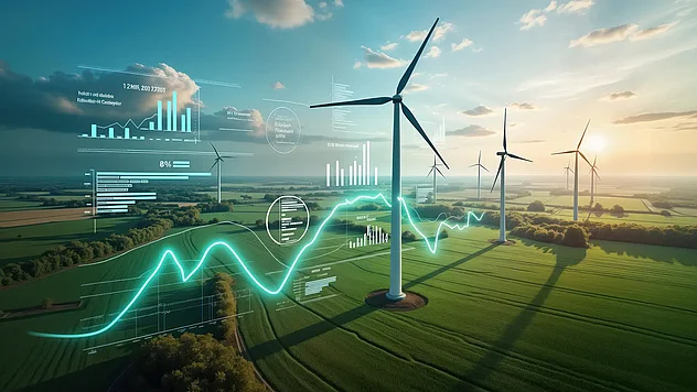Windräder in einer grünen Landschaft bei Sonnenuntergang, darüber eingeblendete Daten- und Diagramm-Overlays zu Energieproduktion und Kennzahlen.