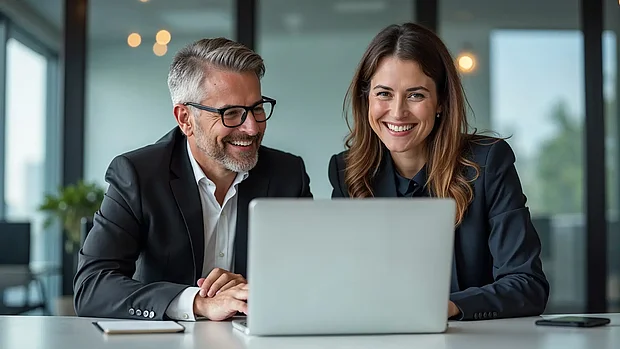 Zwei Personen im Beratungsgespräch vor einem Laptop in einem modernen Büro – Symbolbild für persönliche Markenberatung und individuelle Markendesign-Lösungen durch PRO2 Print Media.