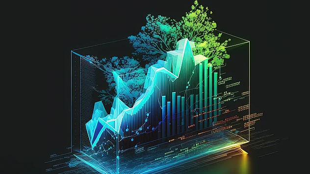 Leuchtendes 3D-Diagramm mit Linien- und Balkengrafik in einem transparenten Kasten, aus dem oben grüne Bäume wachsen, als Symbol für wachstumsorientierte, nachhaltige Kennzahlen.