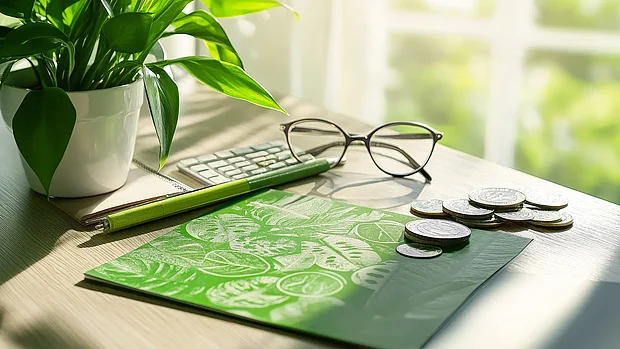 Schreibtisch mit grüner Mappe, Pflanze, Brille, Stift und Münzen als Symbol für nachhaltige Markenprojekte, Green Branding und wirtschaftliche Wirkung.