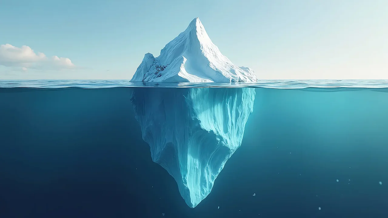 Eisberg im Meer mit kleiner sichtbarer Spitze über der Wasseroberfläche und großem, unter der Wasserlinie liegendem Teil im klaren blauen Wasser.