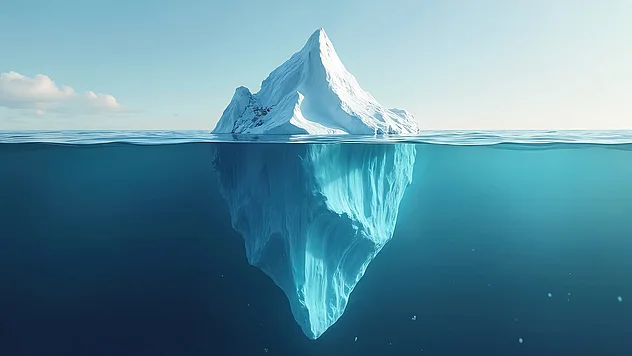 Eisberg im Meer mit kleiner sichtbarer Spitze über der Wasseroberfläche und großem, unter der Wasserlinie liegendem Teil im klaren blauen Wasser.